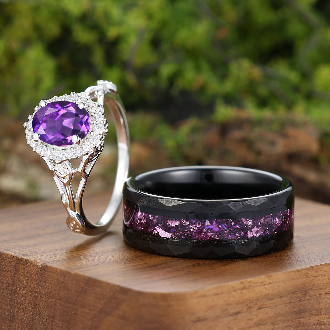 Einzigartiges Halo-Ovalschliff-Pärchenring-Set Mit Natürlichem Amethyst, S925 Und Wolfram