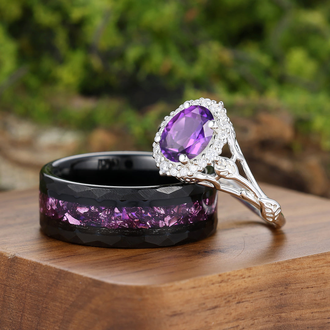 Einzigartiges Halo-Ovalschliff-Pärchenring-Set Mit Natürlichem Amethyst, S925 Und Wolfram