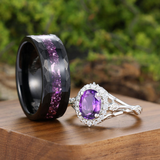 Einzigartiges Halo-Ovalschliff-Pärchenring-Set Mit Natürlichem Amethyst, S925 Und Wolfram