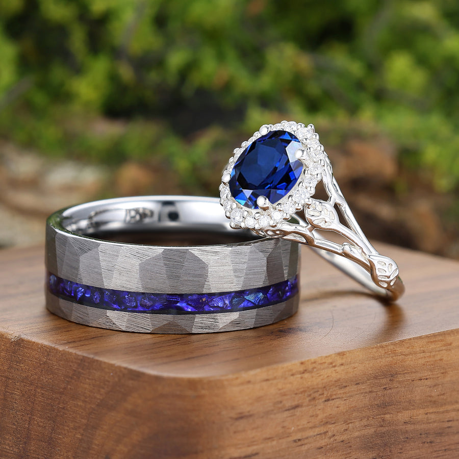 Exquisite Halo Oval Shape Sapphire His And Hers Rings Leaf Inspired White Gold Plated Couple Rings