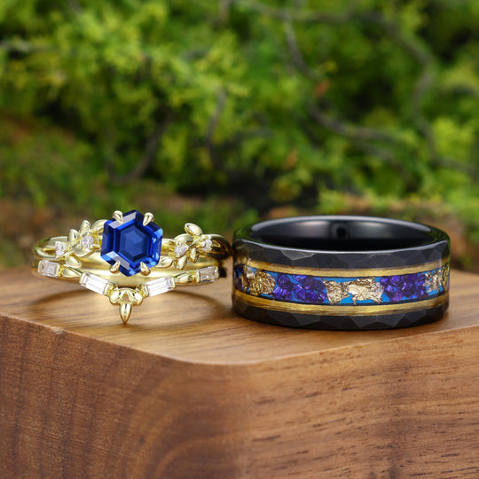 Leaf Inspired Hexagon Cut Sapphire Couple Rings Yellow Gold Marriage His And Hers Ring Set