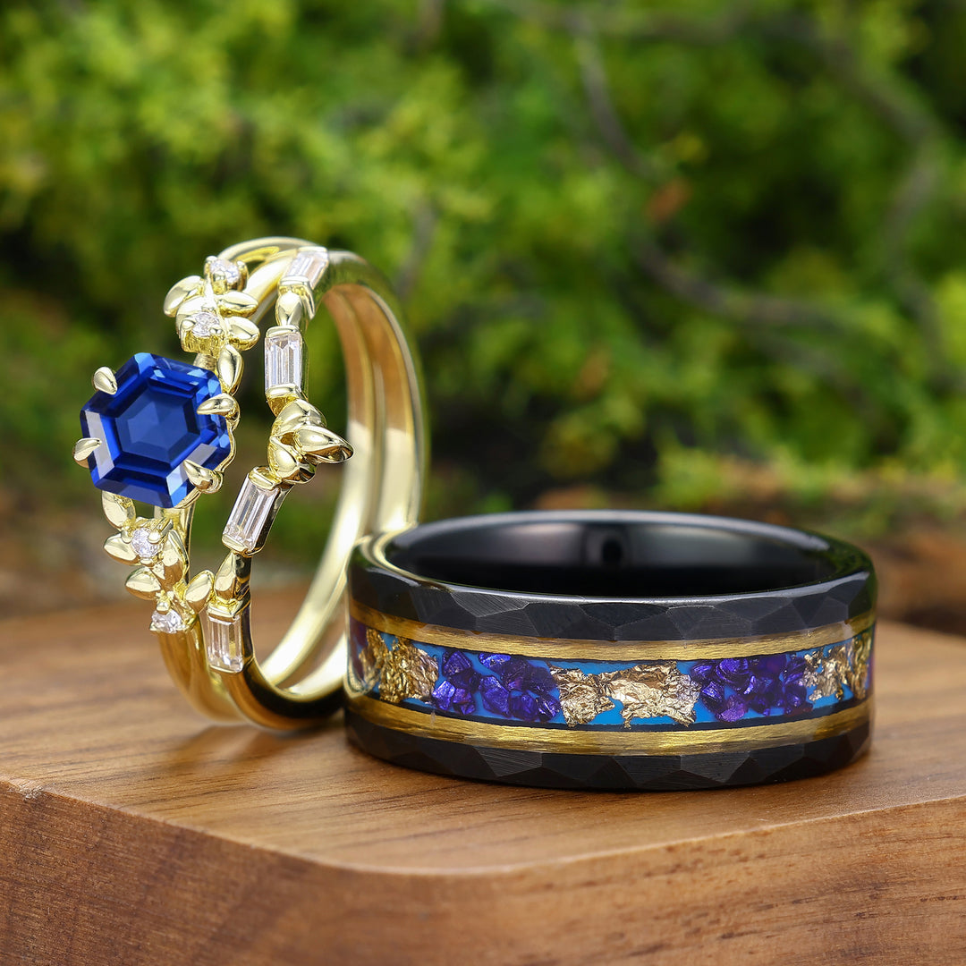 Leaf Inspired Hexagon Cut Sapphire Couple Rings Yellow Gold Marriage His And Hers Ring Set