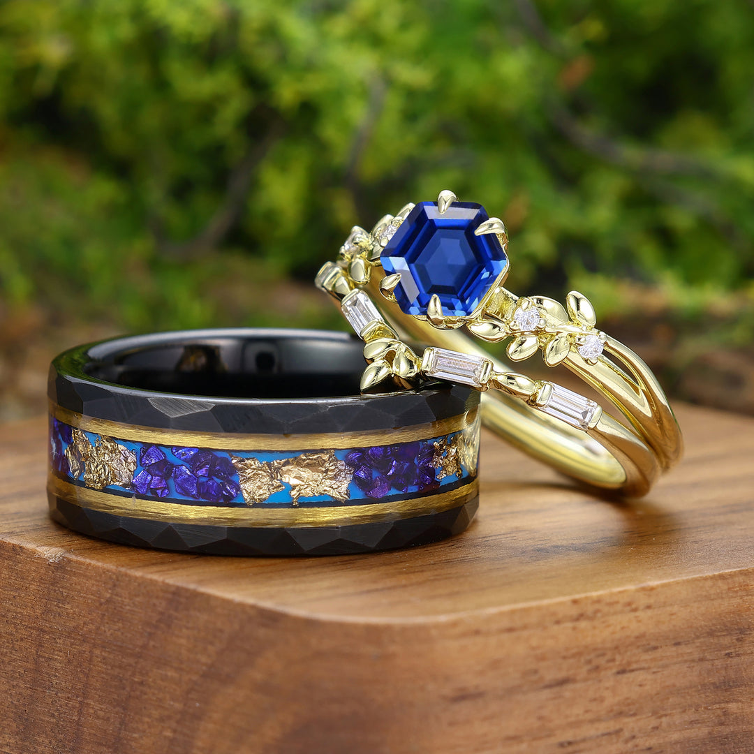 Leaf Inspired Hexagon Cut Sapphire Couple Rings Yellow Gold Marriage His And Hers Ring Set