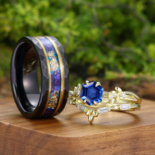 Leaf Inspired Hexagon Cut Sapphire Couple Rings Yellow Gold Marriage His And Hers Ring Set