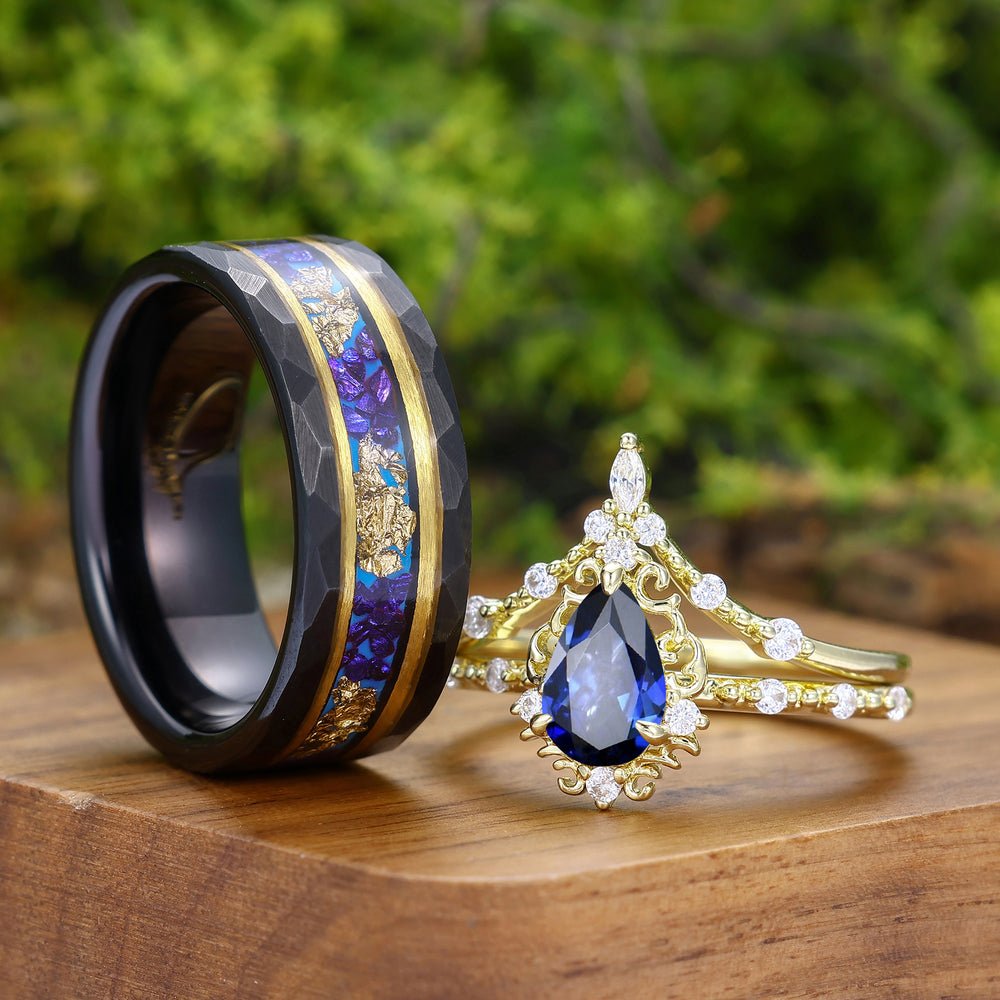 Exquisite Pear Cut Sapphire Couple Rings Filigreed Marriage Ring Set For Him And Her