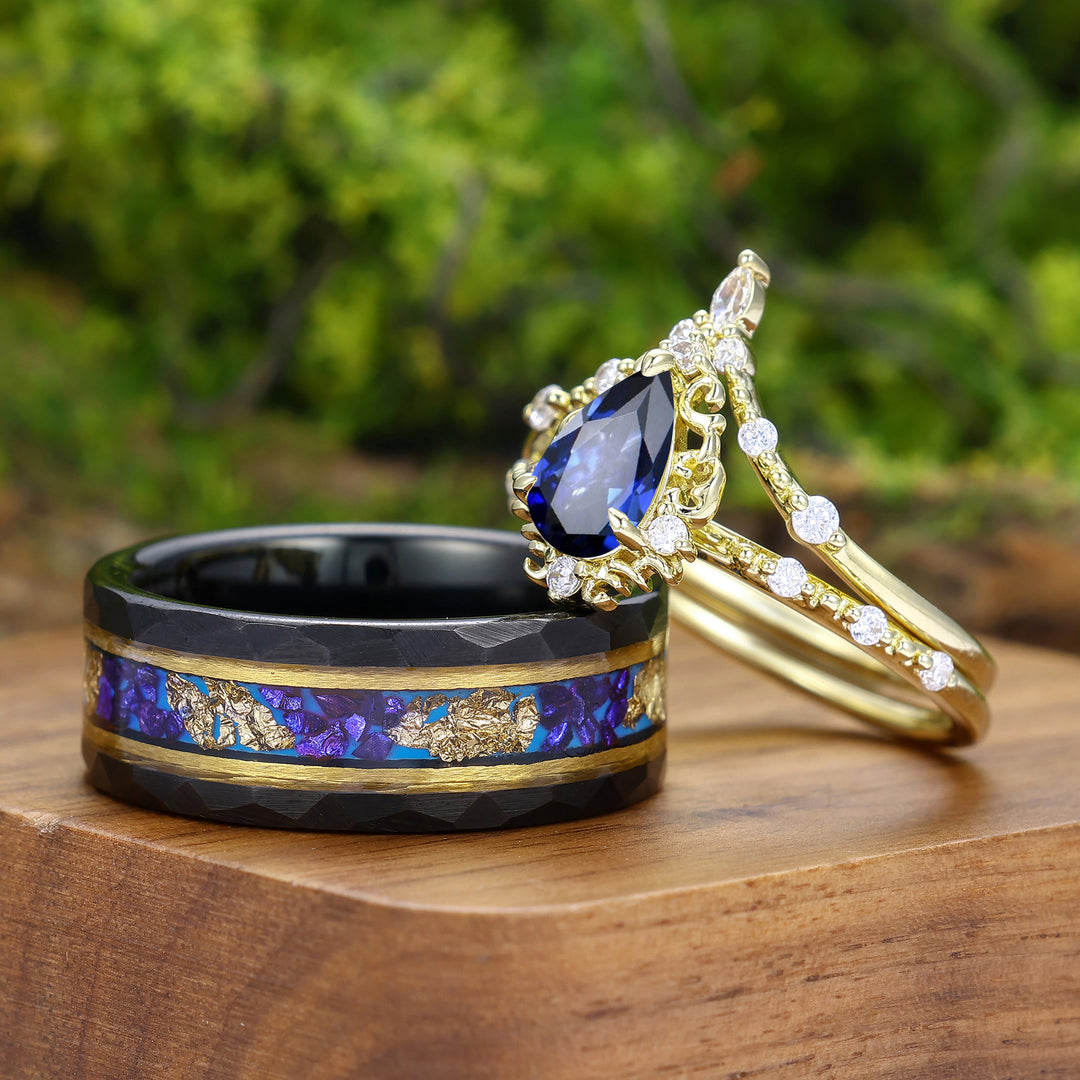 Exquisite Pear Cut Sapphire Couple Rings Filigreed Marriage Ring Set For Him And Her