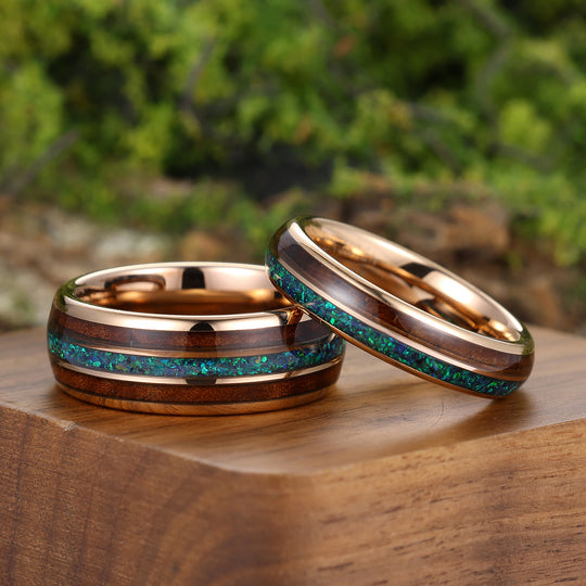 Polished Wood Peacock Green Opal Tungsten Couple Rings His And Hers Wedding Bands Marriage Ring -  Esdomera.com