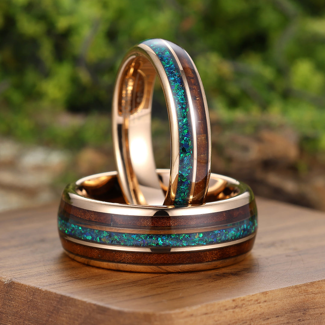 Polished Wood Peacock Green Opal Tungsten Couple Rings His And Hers Wedding Bands Marriage Ring -  Esdomera.com