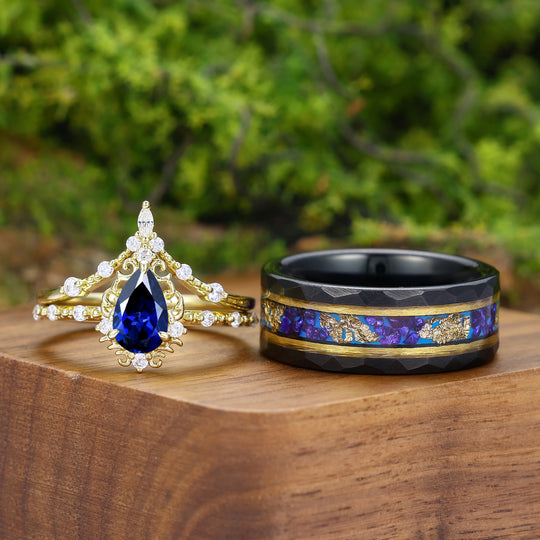 Exquisite Pear Cut Sapphire Couple Rings Filigreed Marriage Ring Set For Him And Her