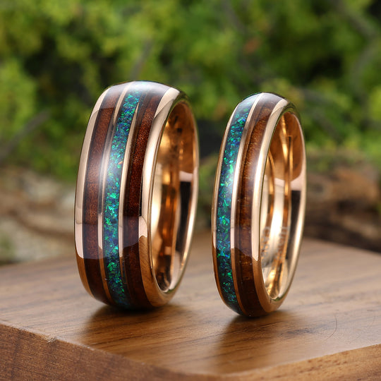 Polished Wood Peacock Green Opal Tungsten Couple Rings His And Hers Wedding Bands Marriage Ring -  Esdomera.com