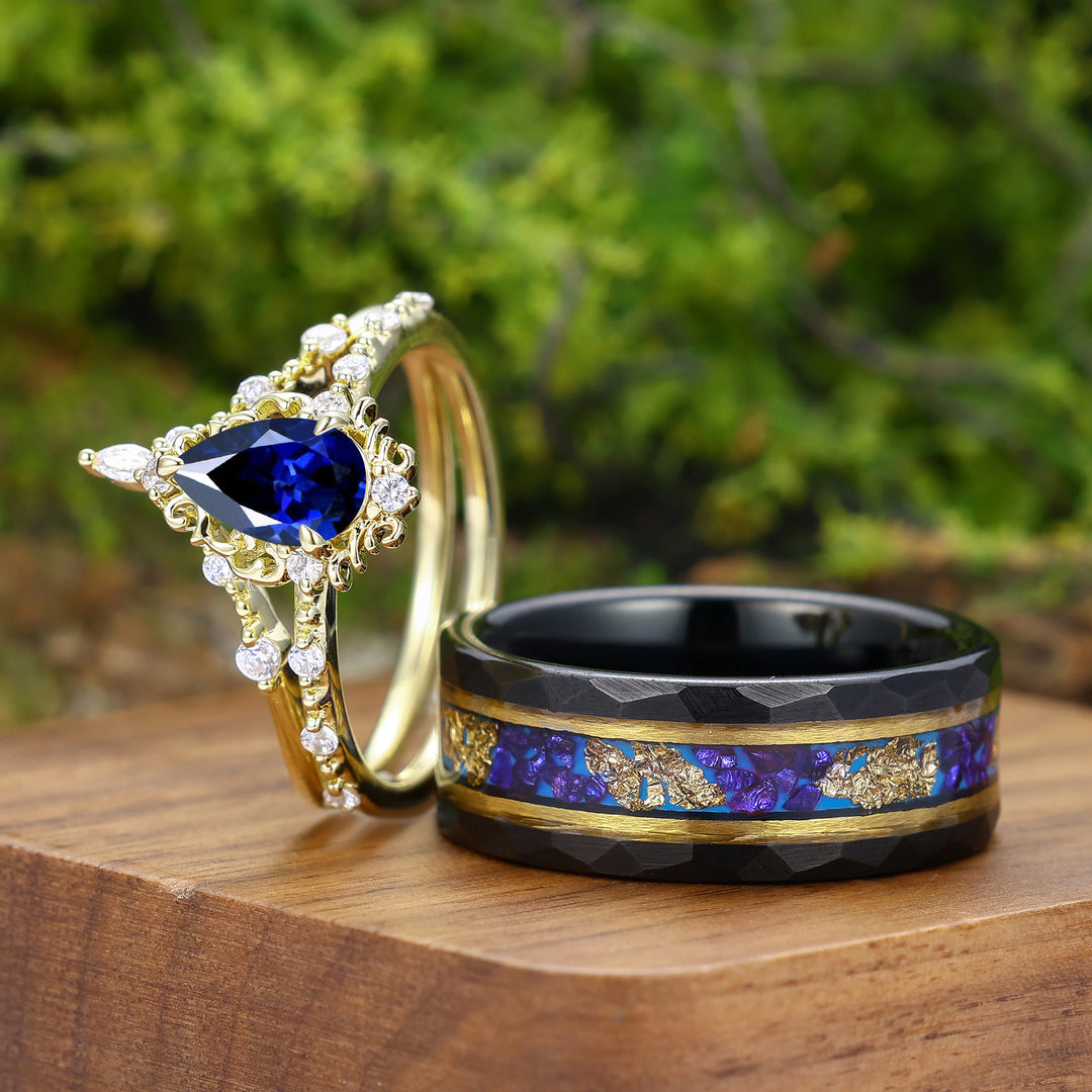 Exquisite Pear Cut Sapphire Couple Rings Filigreed Marriage Ring Set For Him And Her