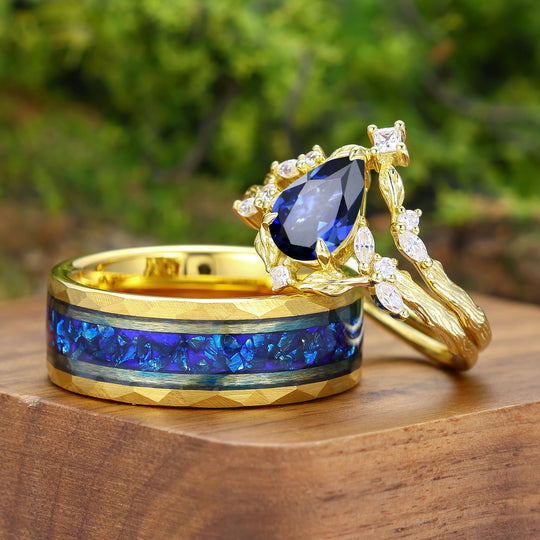 Antique Pear Cut Sapphire Leaf Branch Couple Rings Set Dainty Gold Rings For Him And Her