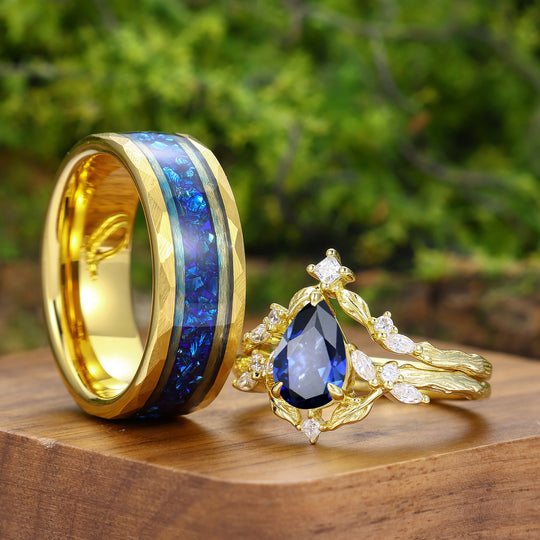 Antique Pear Cut Sapphire Leaf Branch Couple Rings Set Dainty Gold Rings For Him And Her