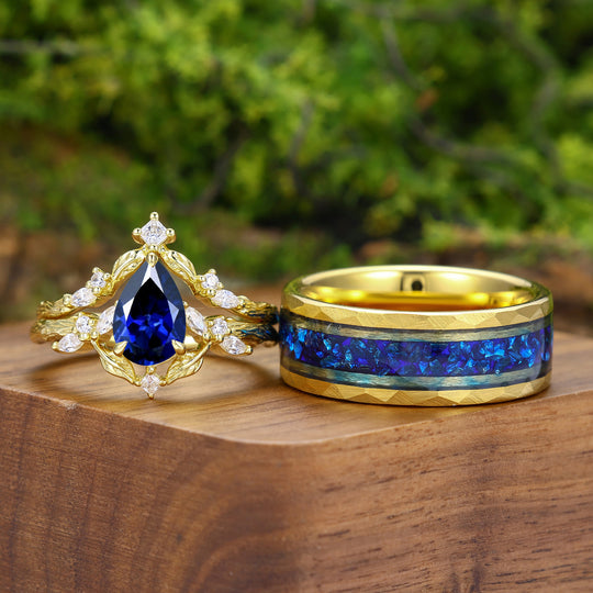 Antique Pear Cut Sapphire Leaf Branch Couple Rings Set Dainty Gold Rings For Him And Her