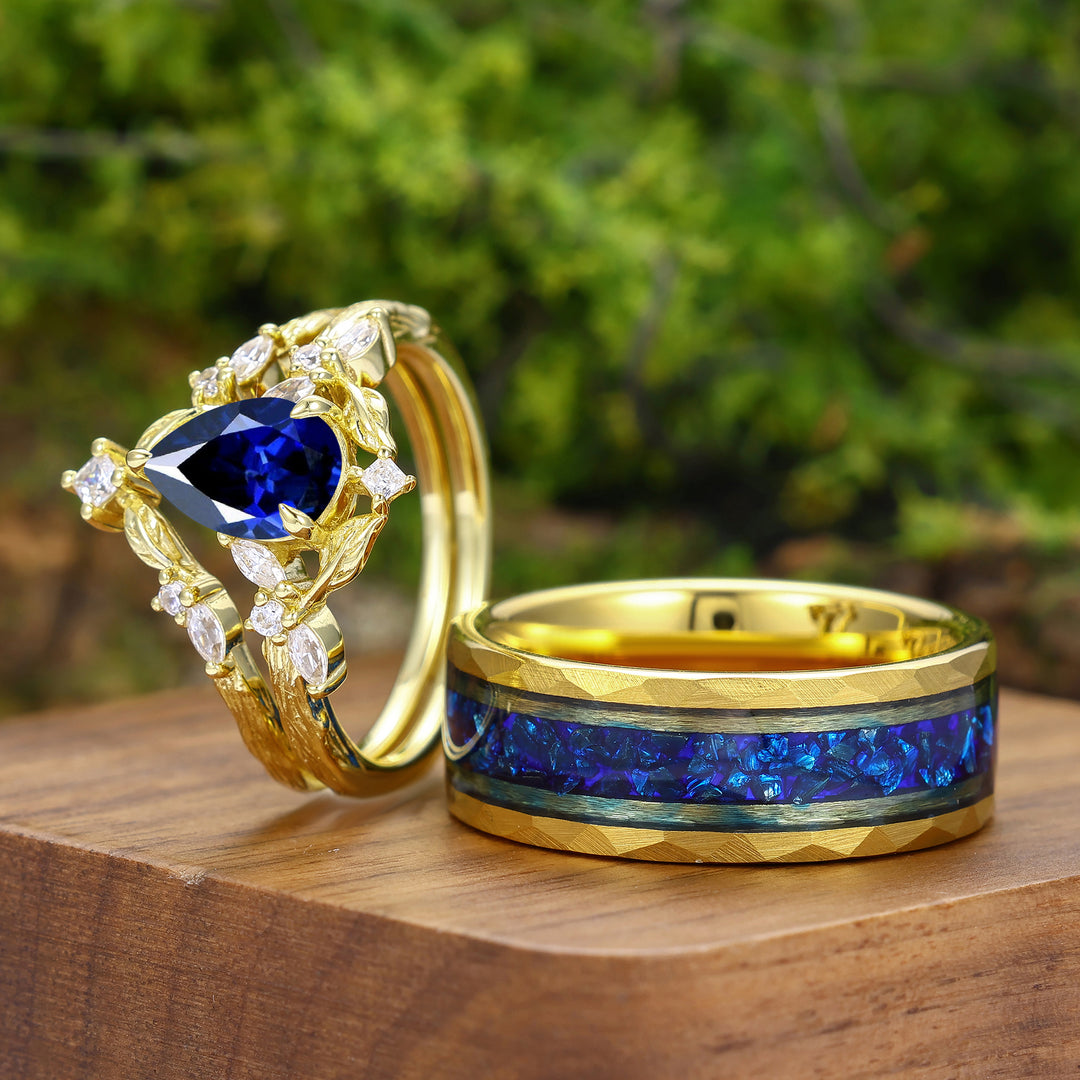 Antique Pear Cut Sapphire Leaf Branch Couple Rings Set Dainty Gold Rings For Him And Her