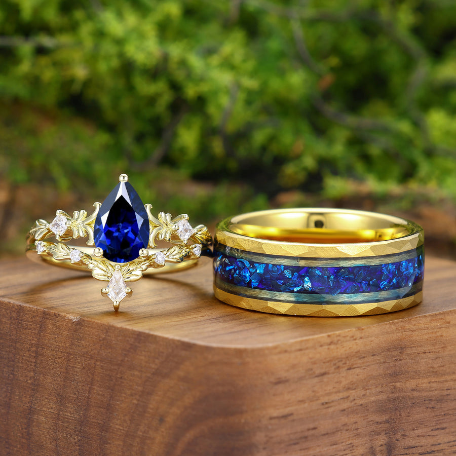 Dainty Leaf Inspired S925 Yellow Gold  Sapphire Couple Ring Set Ring Set For Men And Women