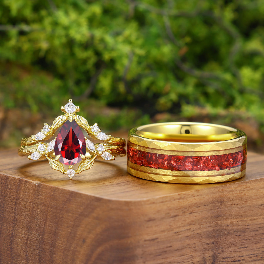 Antique Pear Cut  Red Garnet  Leaf Branch Couple Rings Set Dainty Gold Rings For Him And Her