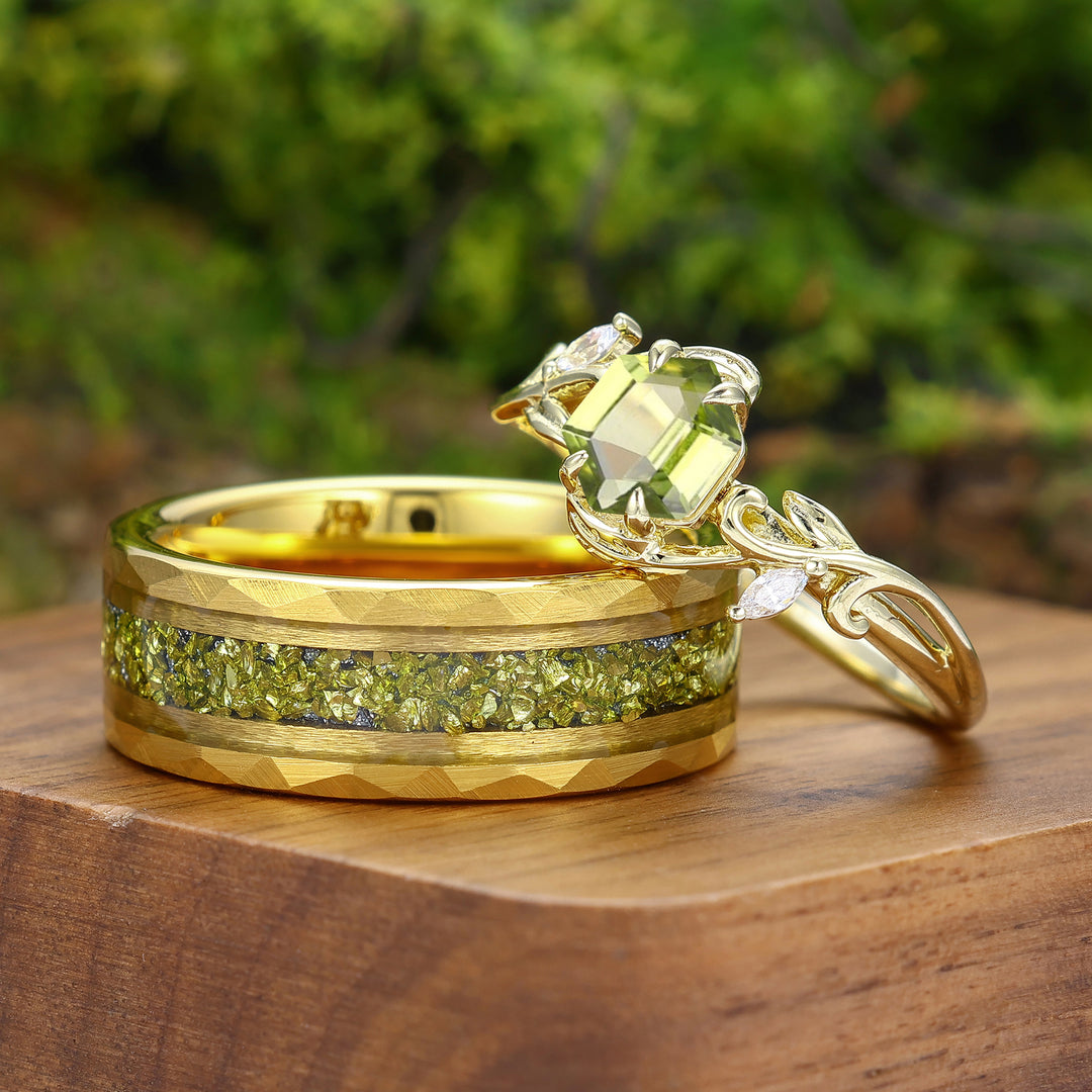 Antique Hexagon Cut Peridot Leaf Branch Couple Rings Set Dainty Gold Rings For Him And Her