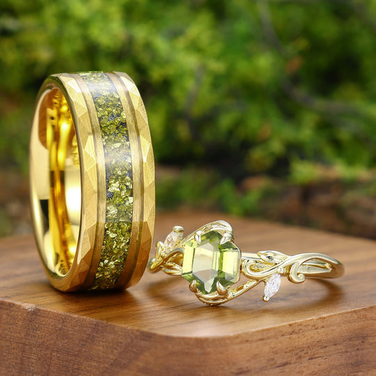 Antique Hexagon Cut Peridot Leaf Branch Couple Rings Set Dainty Gold Rings For Him And Her