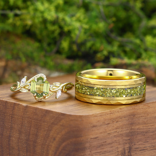 Antique Hexagon Cut Peridot Leaf Branch Couple Rings Set Dainty Gold Rings For Him And Her