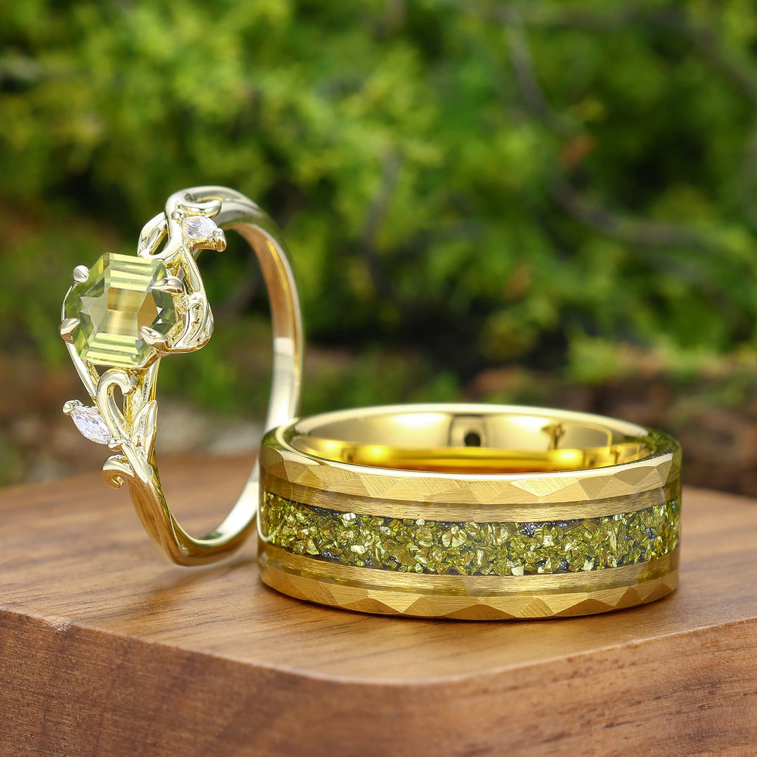 Antique Hexagon Cut Peridot Leaf Branch Couple Rings Set Dainty Gold Rings For Him And Her
