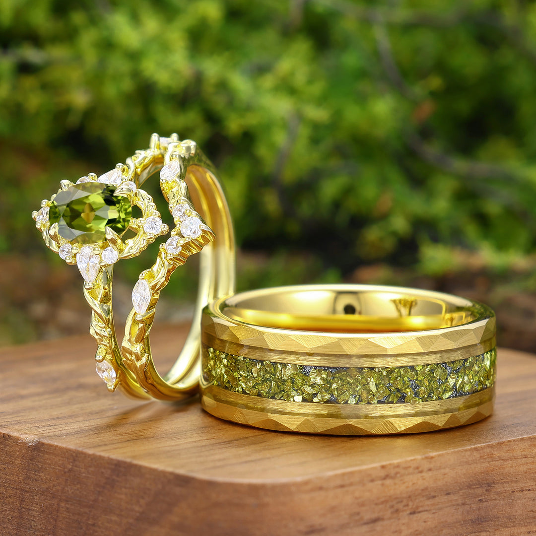 Antique Oval Cut Peridot Leaf Branch Couple Rings Set Dainty Gold Rings For Him And Her