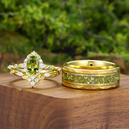 Antique Oval Cut Peridot Leaf Branch Couple Rings Set Dainty Gold Rings For Him And Her