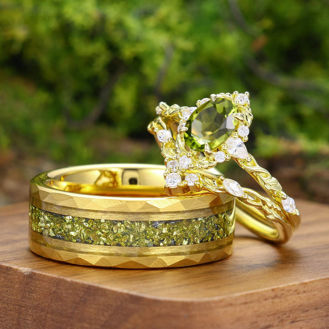 Antique Oval Cut Peridot Leaf Branch Couple Rings Set Dainty Gold Rings For Him And Her