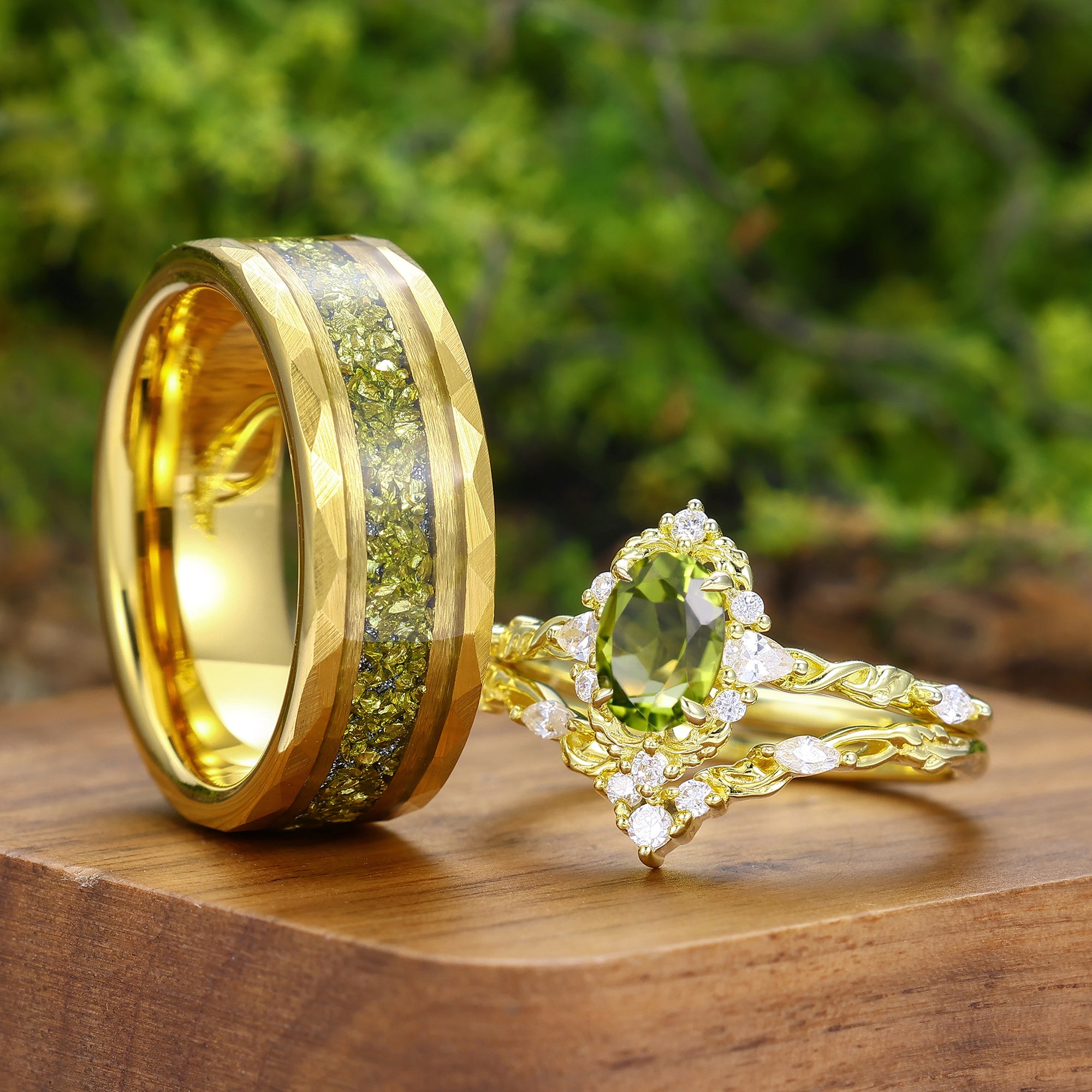 Antique Oval Cut Peridot Leaf Branch Couple Rings Set Dainty Gold