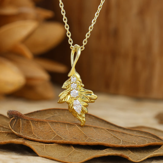 Natural Inspired Moissanite Pendant Leaf Design Necklace Yellow Gold Color Necklace