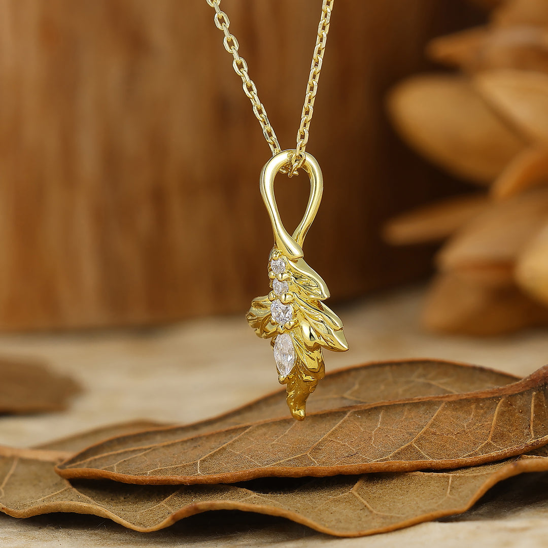 Natural Inspired Moissanite Pendant Leaf Design Necklace Yellow Gold Color Necklace