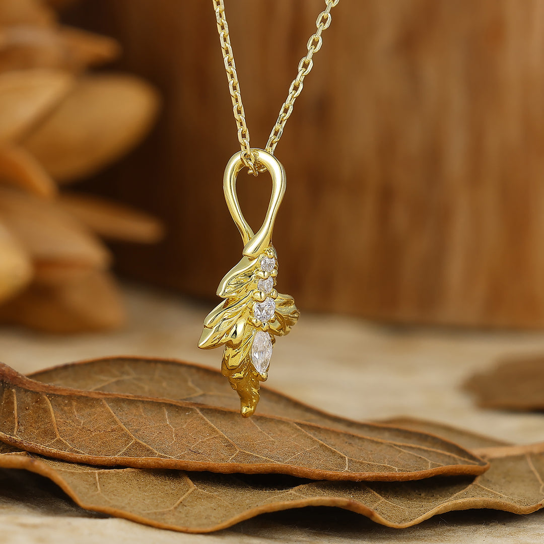 Natural Inspired Moissanite Pendant Leaf Design Necklace Yellow Gold Color Necklace
