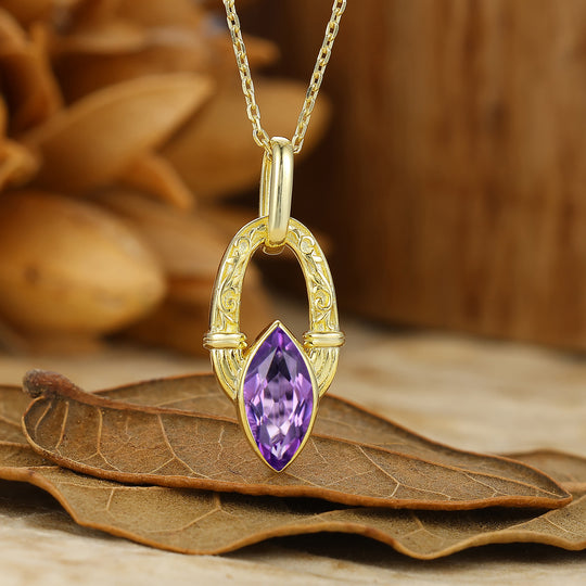 Dainty Horseshoe Style Natural Amethyst Necklace Solid Yellow Gold Women Pendant