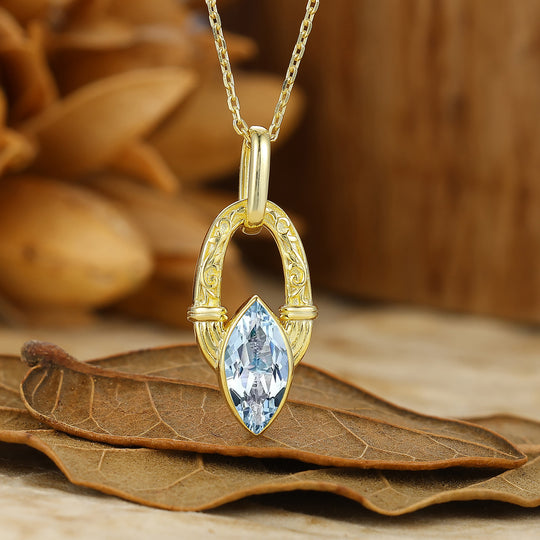 Art Deco Filigreed Engraved Aquamarine Necklace 1CT Marquise Cut Aquamarine Pendant