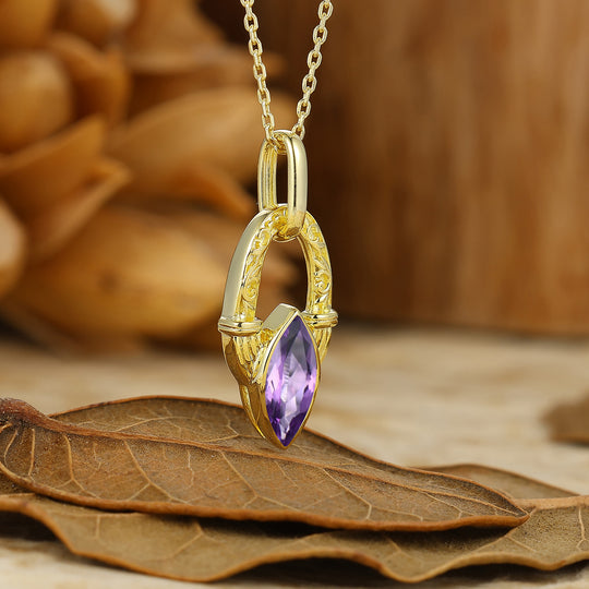 Dainty Horseshoe Style Natural Amethyst Necklace Solid Yellow Gold Women Pendant