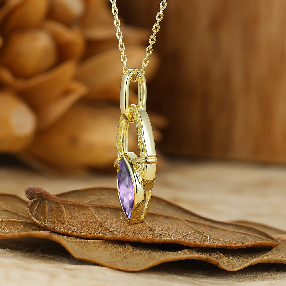 Dainty Collier Pendentif Femme en Améthyste Naturelle Style Fer à Cheval Or Jaune Massif