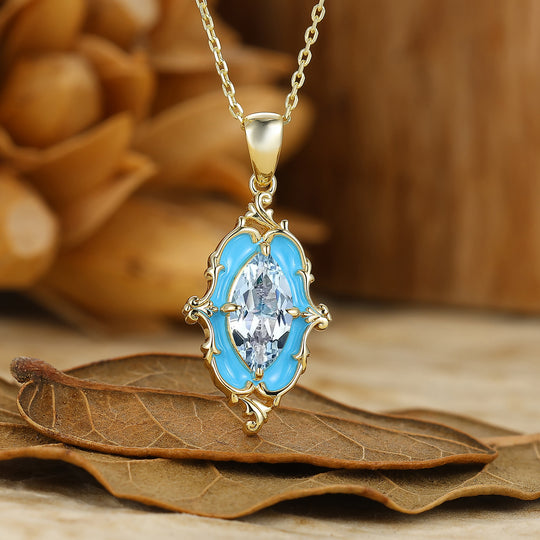 Vintage Amethyst Blue Enamel Pendant S925 Women Necklace Solid Gold Necklace