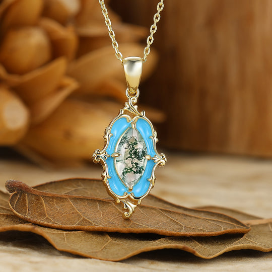 Vintage Amethyst Blue Enamel Pendant S925 Women Necklace Solid Gold Necklace