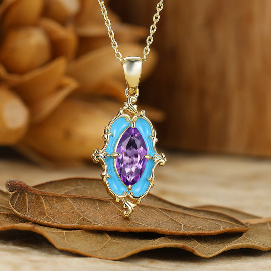 Vintage Amethyst Blue Enamel Pendant S925 Women Necklace Solid Gold Necklace
