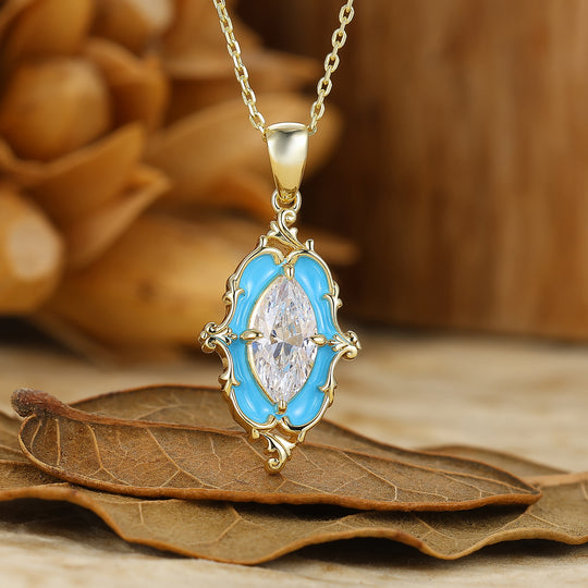 Vintage Moissanite Gold Filigree Necklace Blue Enamel Pendant Necklace For Women
