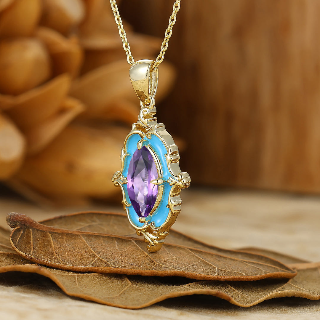Vintage Amethyst Blue Enamel Pendant S925 Women Necklace Solid Gold Necklace
