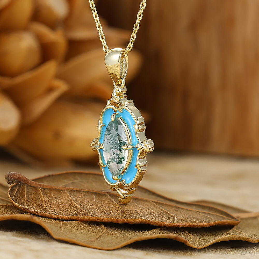 Filigree Marquise Cut Moss Agate Blue Enamel Pendant 14K Gold Women Necklace