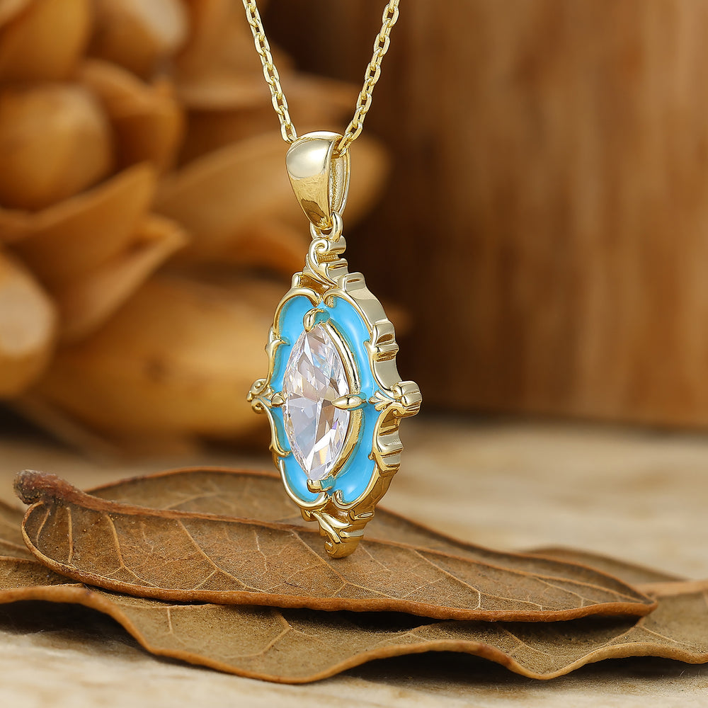 Vintage Moissanite Gold Filigree Necklace Blue Enamel Pendant Necklace For Women