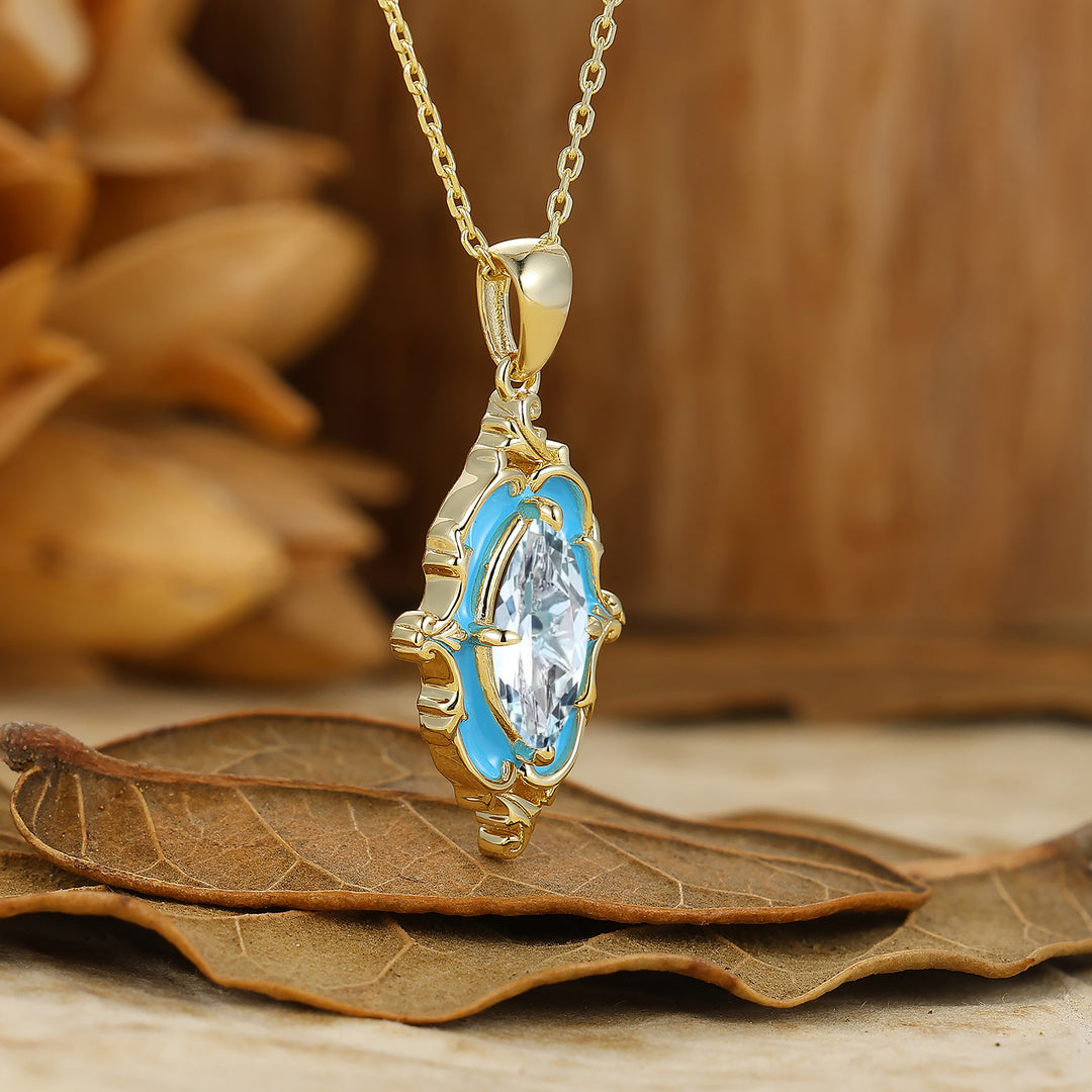 Antique Aquamarine Gold Filigree Necklace Blue Enamel Pendant Necklace For Her