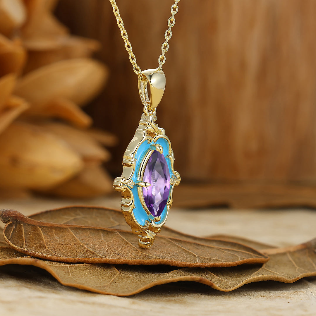 Vintage Amethyst Blue Enamel Pendant S925 Women Necklace Solid Gold Necklace