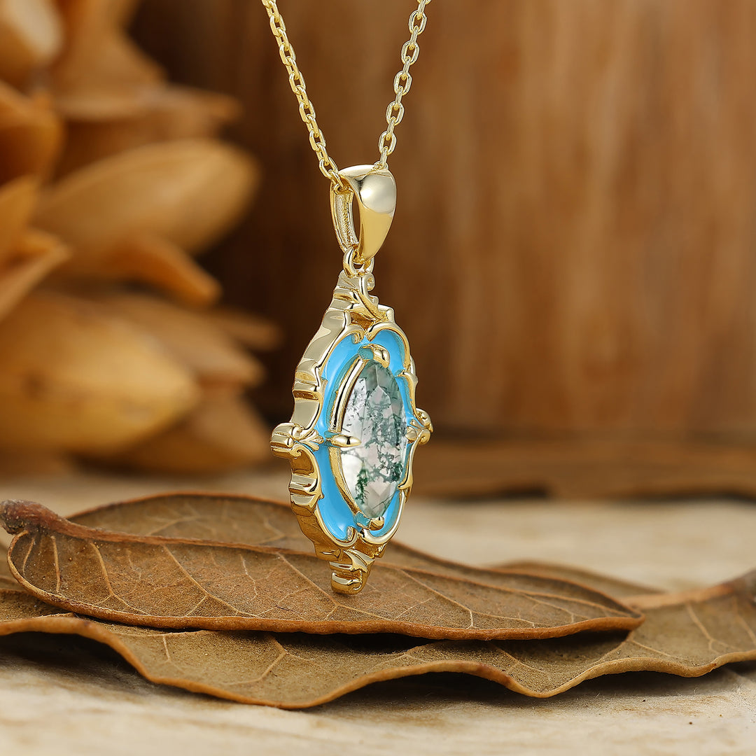 Filigree Marquise Cut Moss Agate Blue Enamel Pendant 14K Gold Women Necklace