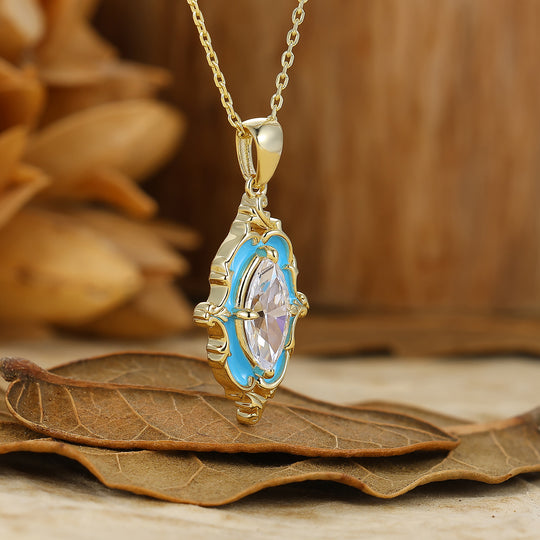 Vintage Moissanite Gold Filigree Necklace Blue Enamel Pendant Necklace For Women