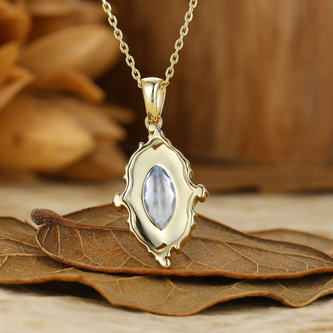 Antique Aquamarine Gold Filigree Necklace Blue Enamel Pendant Necklace For Her