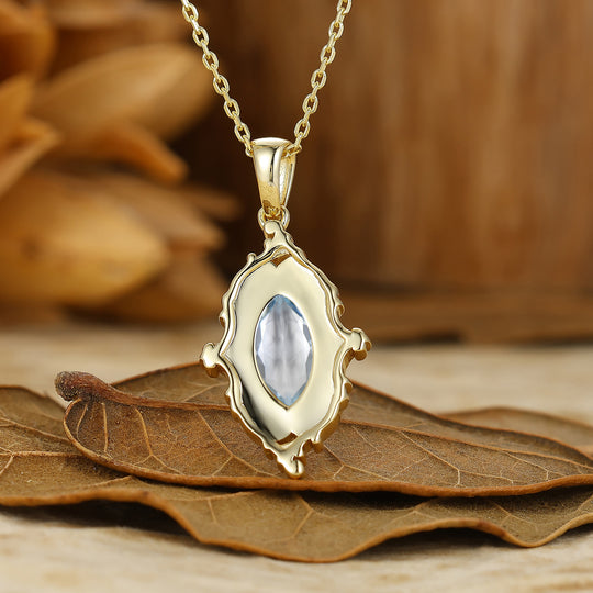 Antique Aquamarine Gold Filigree Necklace Blue Enamel Pendant Necklace For Her