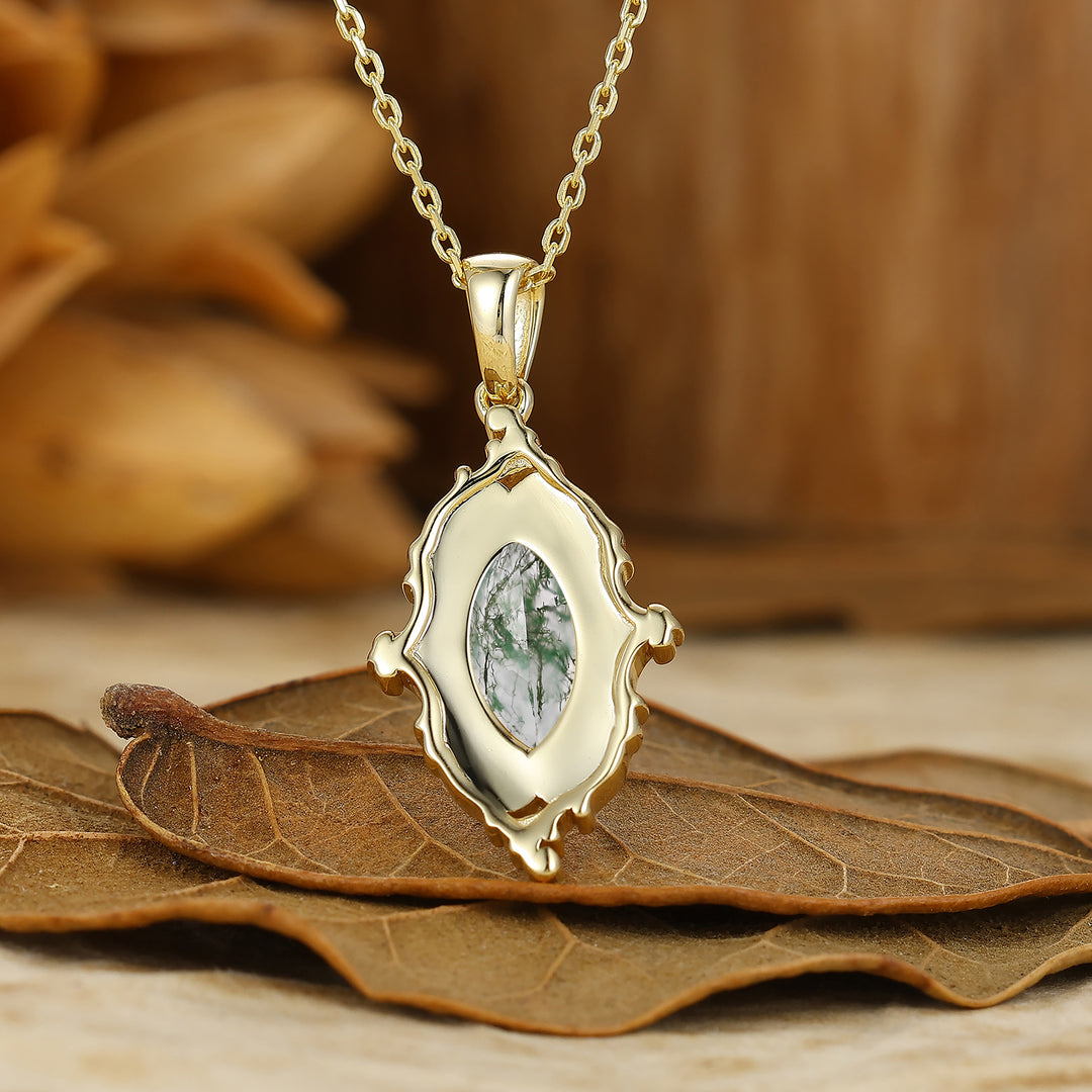 Filigree Marquise Cut Moss Agate Blue Enamel Pendant 14K Gold Women Necklace